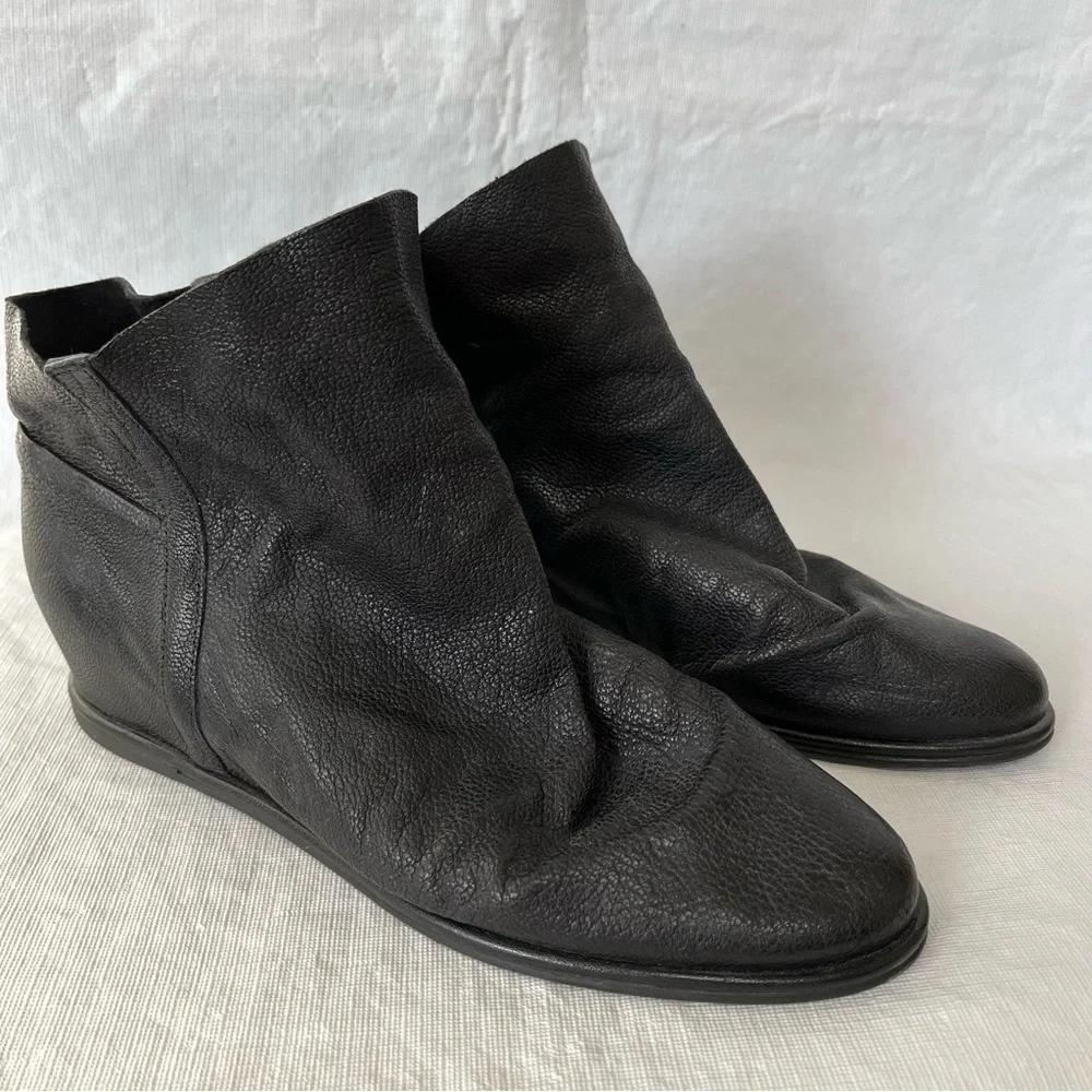 Stewart Weitzman Sprite Slouchy Black Leather Wedge Ankle Booties